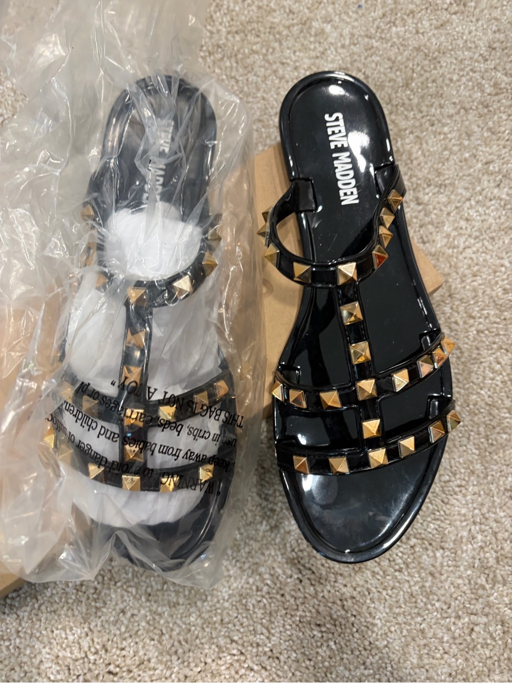 Steve Madden Black Studded T-Strap Jelly Sandals